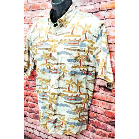 Woolrich Hawaiian Shirt Mens M Beige Palm Beach Print Short Sleeve Button Down - Picture 3 of 7
